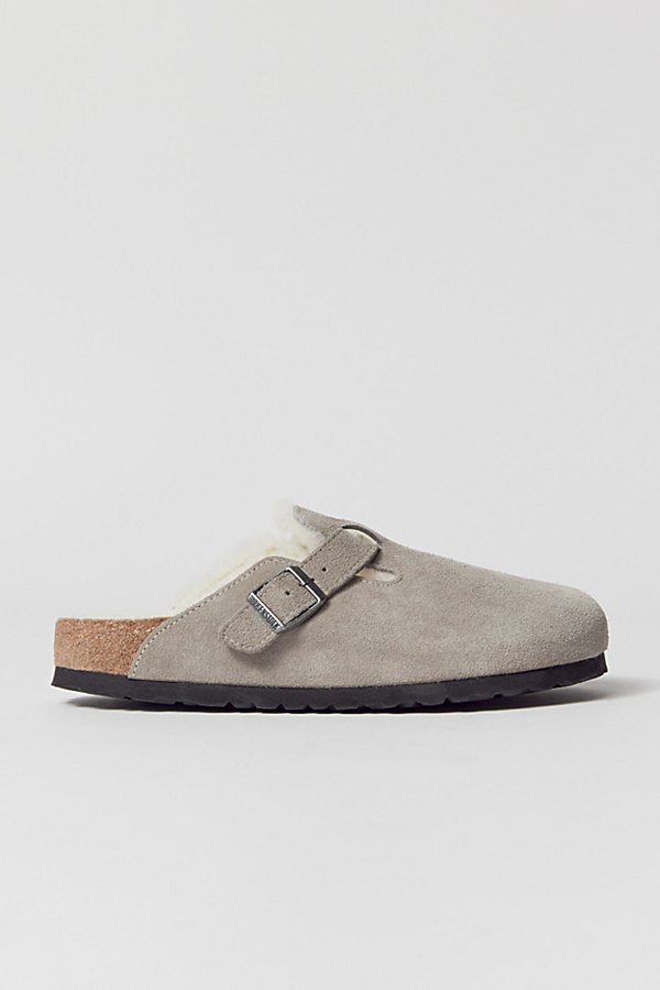BIRKENSTOCK BOSTON SHEARLING CLOG IN STONE COIN AT URBAN OUTFITTERS