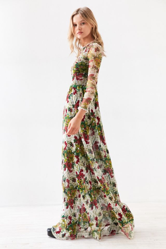 Ecote Floral Fishnet Long Sleeve Maxi Dress