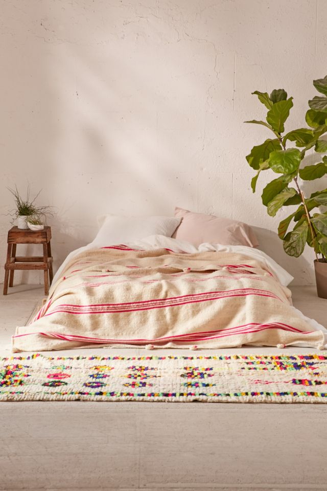 Vintage Moroccan Striped Wool Bed Blanket #1
