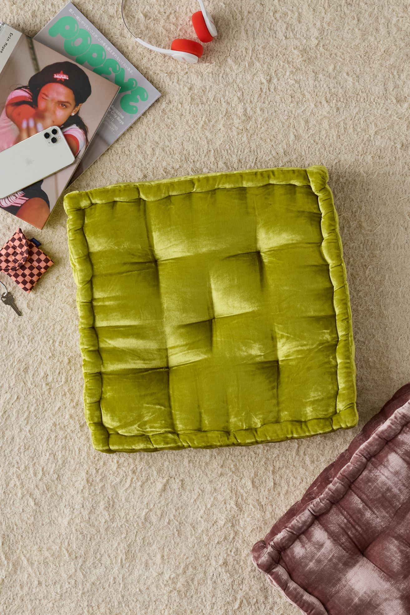 Ruthie Velvet Floor Pillow - Apple Green, 18X18