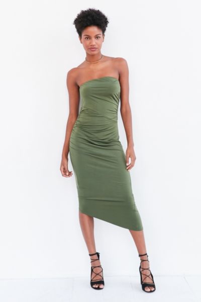 Silence + Noise Slinky Ruched Strapless Midi Dress | Urban Outfitters