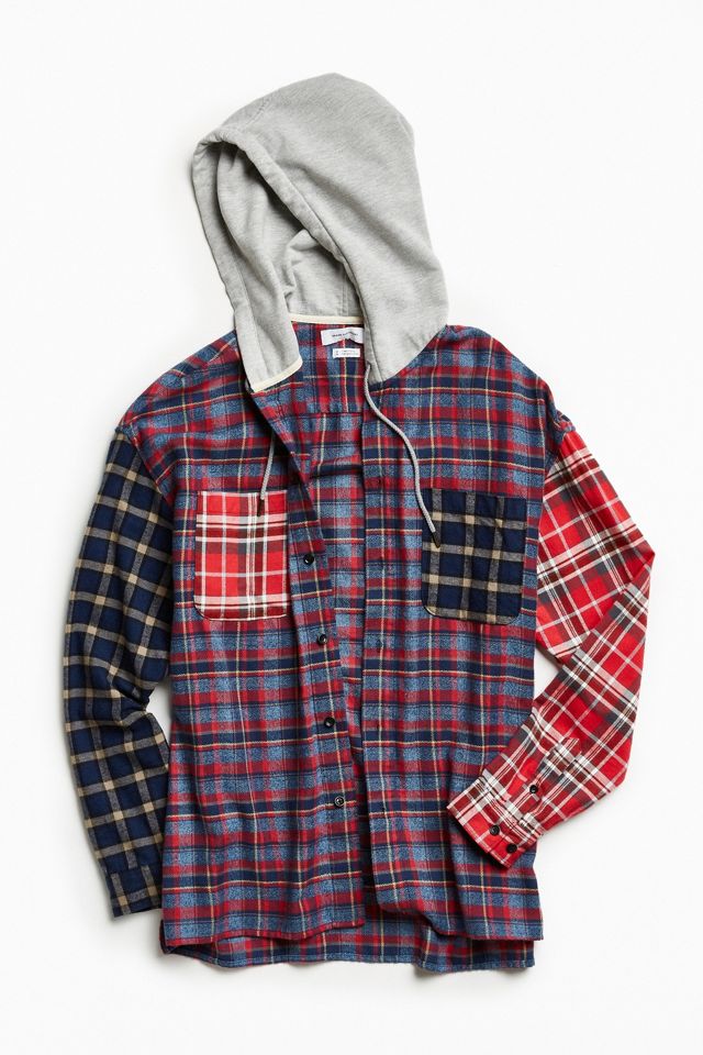 UO Hooded Patchwork Flannel Button-Down Shirt | Urban Outfitters