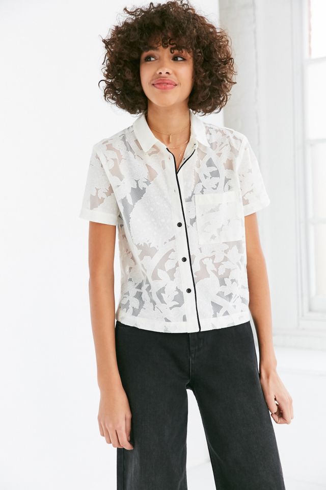 Cooperative Peacock Floral Mesh Button-Down Shirt #3
