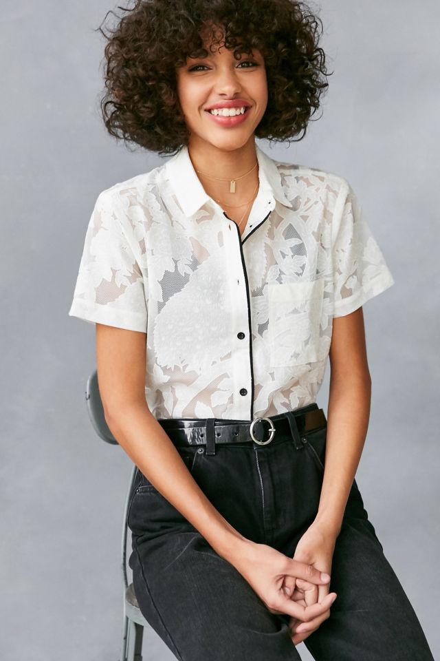 Cooperative Peacock Floral Mesh Button-Down Shirt #4
