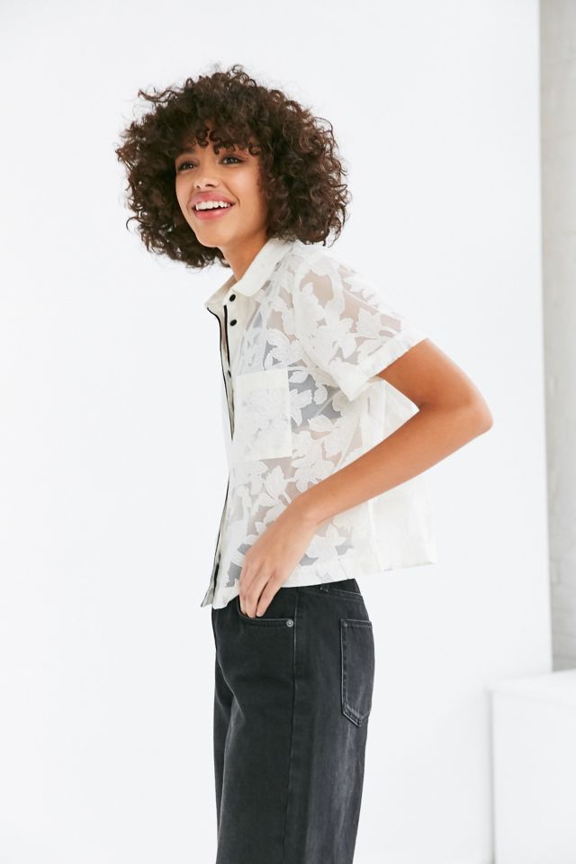 Cooperative Peacock Floral Mesh Button-Down Shirt #5