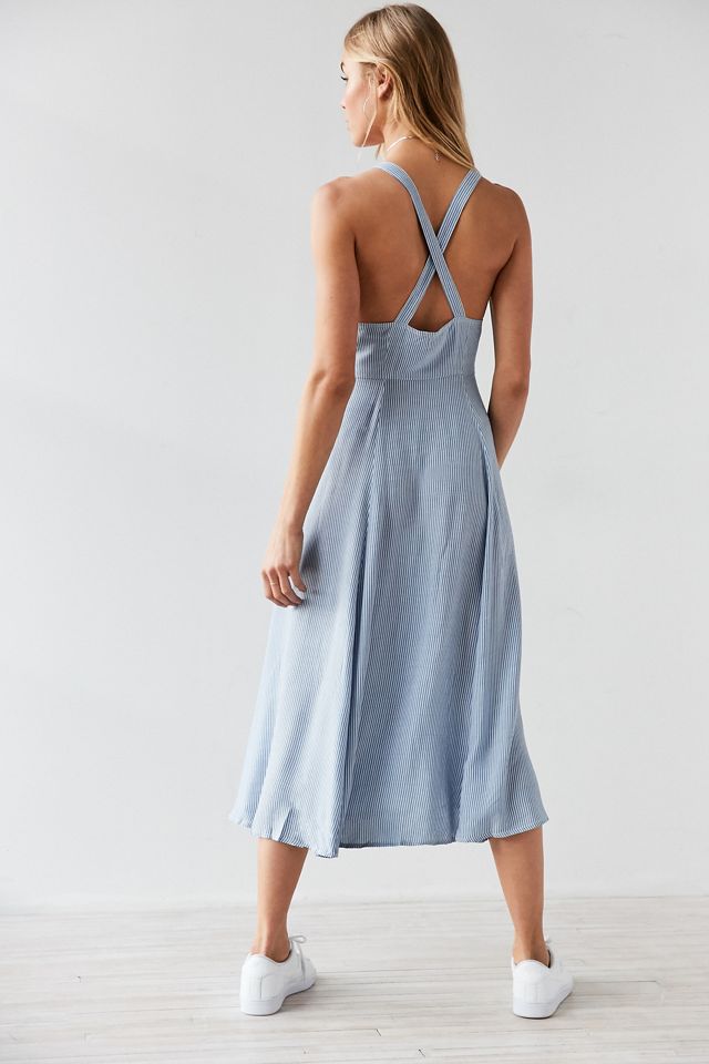 urban outfitters striped midi dress Olea Sky Blue Striped Cotton Poplin Ruched Midi Dress S / 4-6