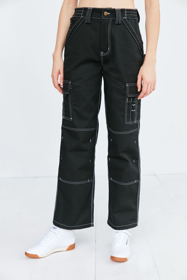 Black & Green Contrast Stitch Carpenter Pants With Detachable Chain