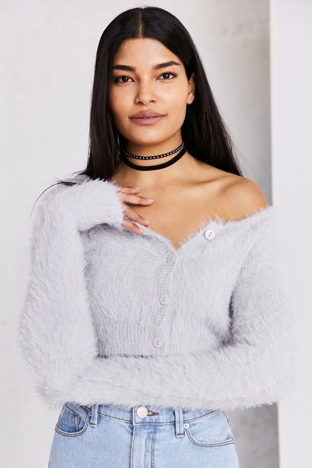 Fuzzy cropped button up sweater sale