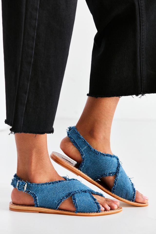 Frayed Denim Cross-Strap Sandal