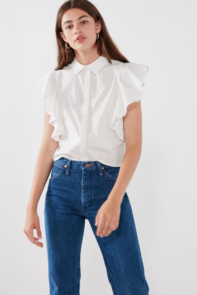 Ecote Poplin Button-Down Ruffle Sleeve Top | Urban Outfitters