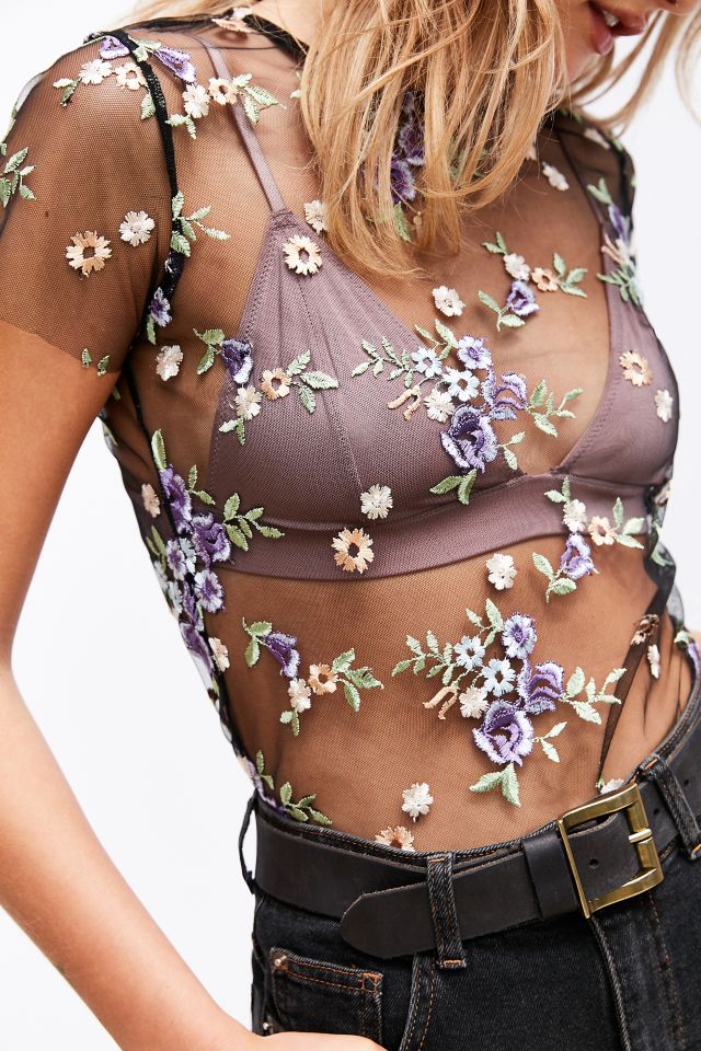 Kimchi Blue Lilac Embroidered Sheer Short Sleeve Tee #3