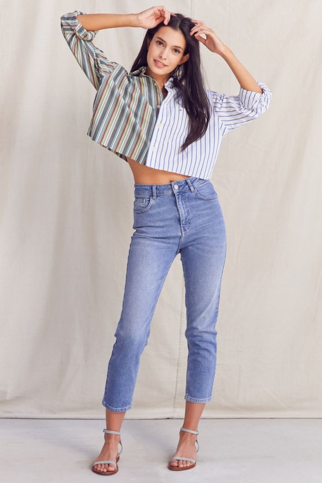 Urban Renewal Recycled Spliced Cropped Button-Down Shirt #1