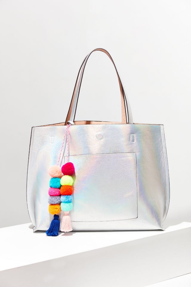 Reversible Silver Pompom Tote Bag #1