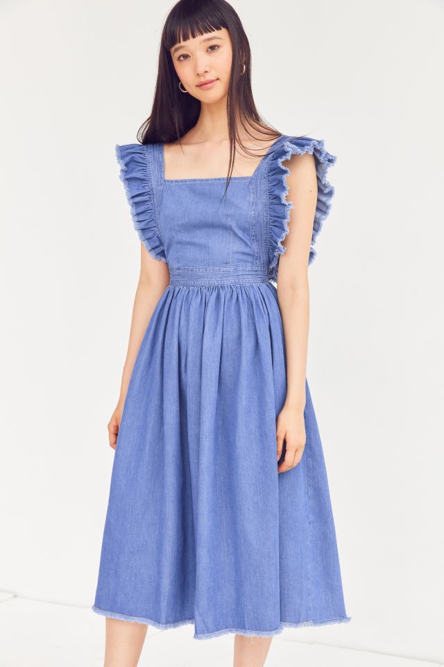 Kimchi Blue Denim Ruffle Apron Midi Dress