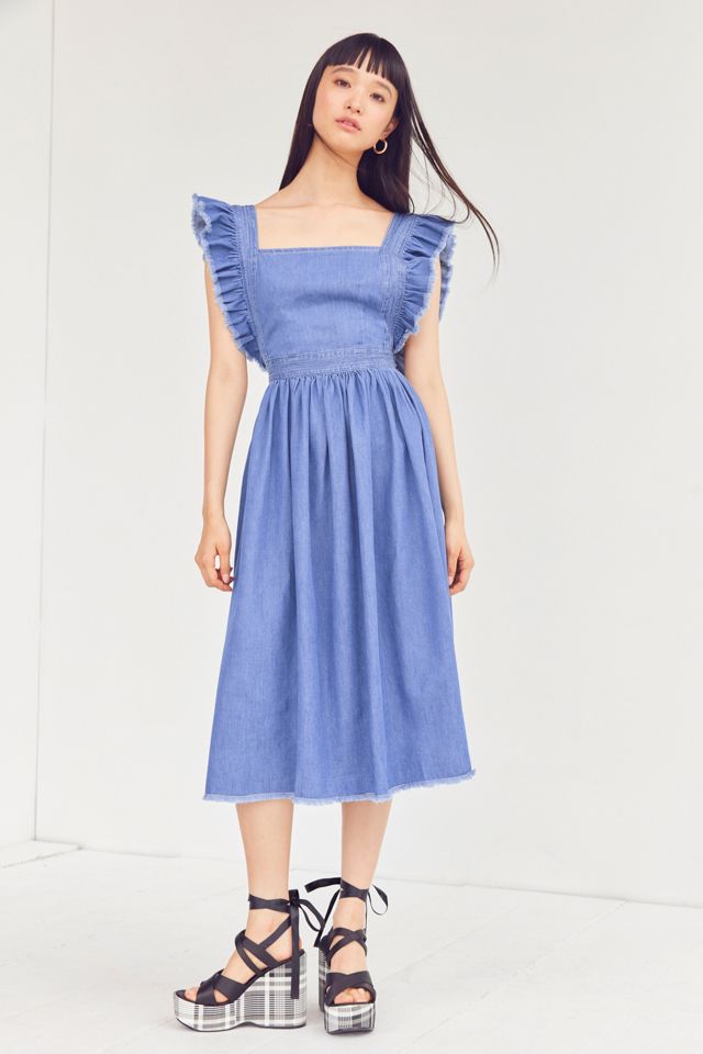 Kimchi Blue Denim Ruffle Apron Midi Dress | Urban Outfitters