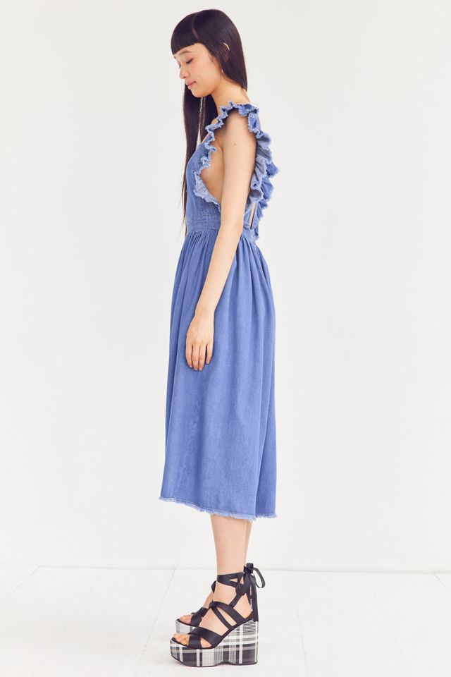 Kimchi Blue Denim Ruffle Apron Midi Dress | Urban Outfitters