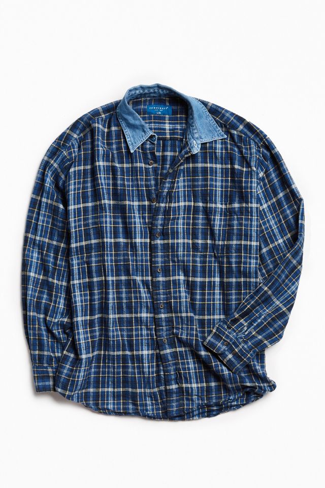 Vintage Contrast Denim Collar Flannel Button-Down Shirt #1