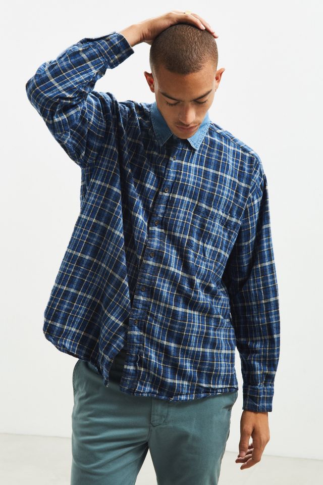 Vintage Contrast Denim Collar Flannel Button-Down Shirt #3