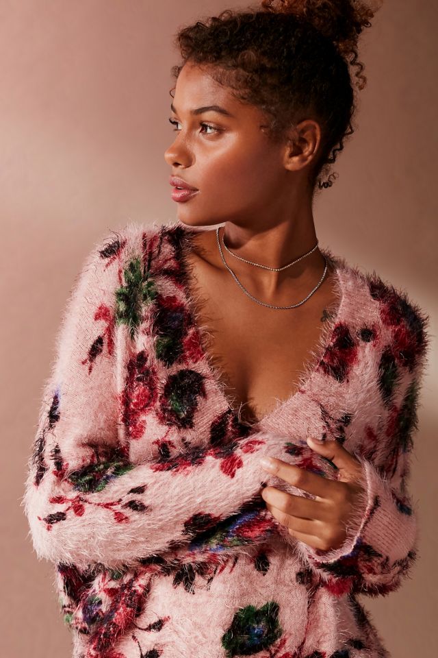 UO Oversized Fuzzy Floral Sweater