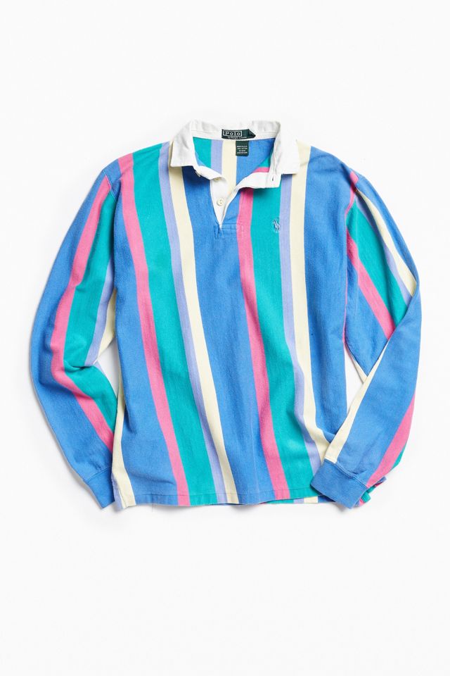 Vintage Polo Ralph Lauren Blue Multi Vertical Stripe Rugby Shirt