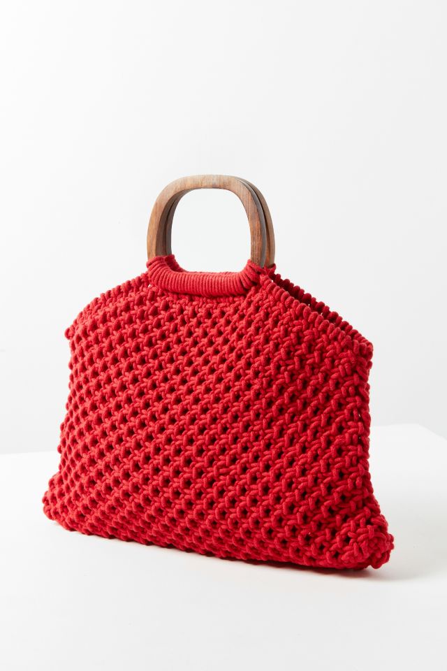 Small Wood Handle Macrame Tote Bag #1