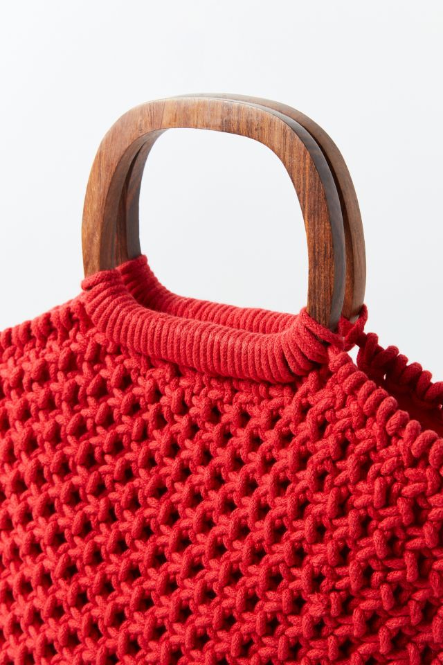 Small Wood Handle Macrame Tote Bag #3