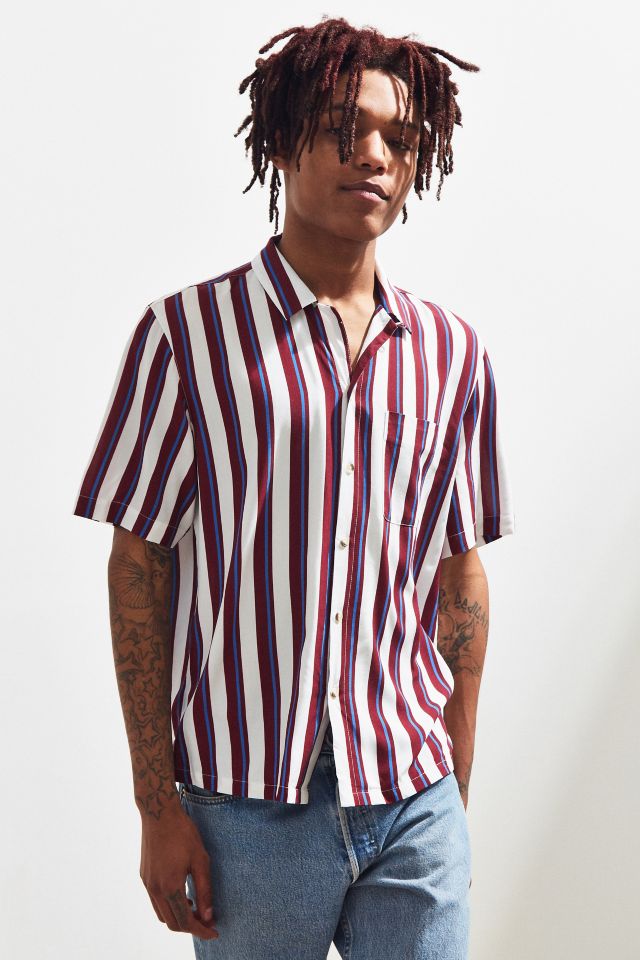 UO Rayon Vertical Stripe Short Sleeve Button Down Shirt Urban