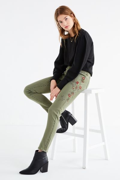Bdg Twig High Rise Embroidered Skinny Jean Olive Urban Outfitters 