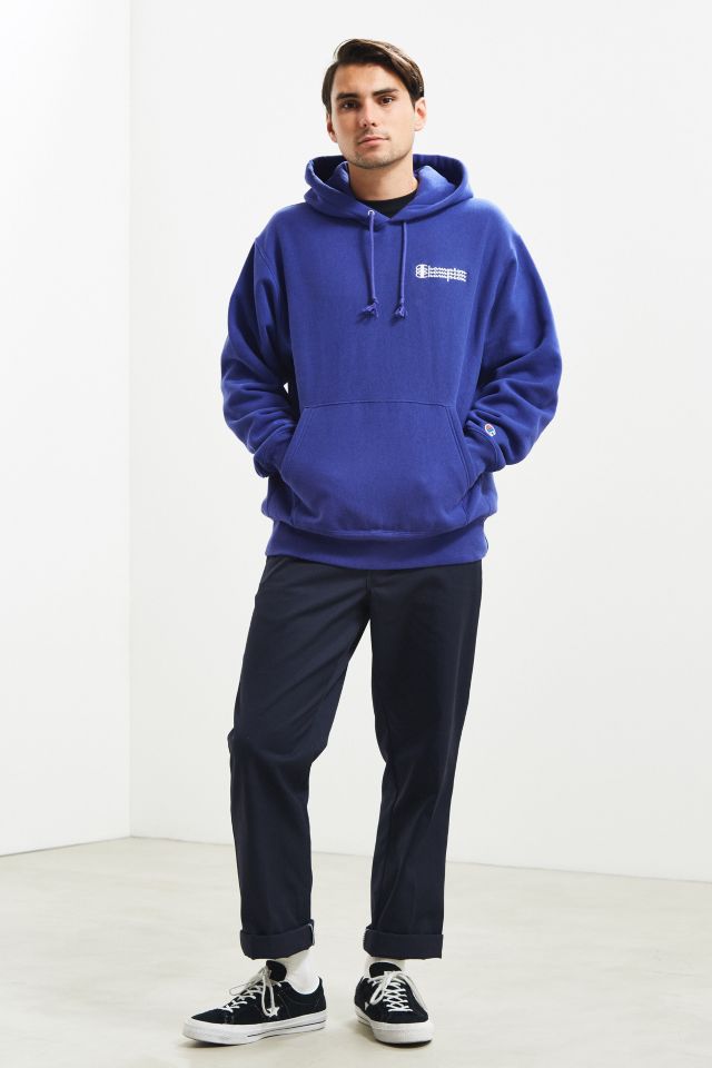 Champion UO Exclusive Blue Triple Script Reverse Weave Hoodie Sweatshirt