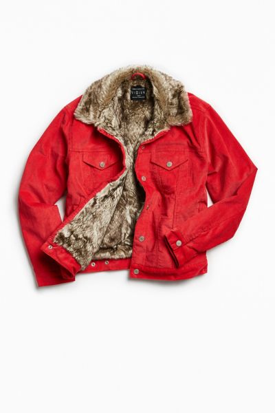 red corduroy jacket with fur collar