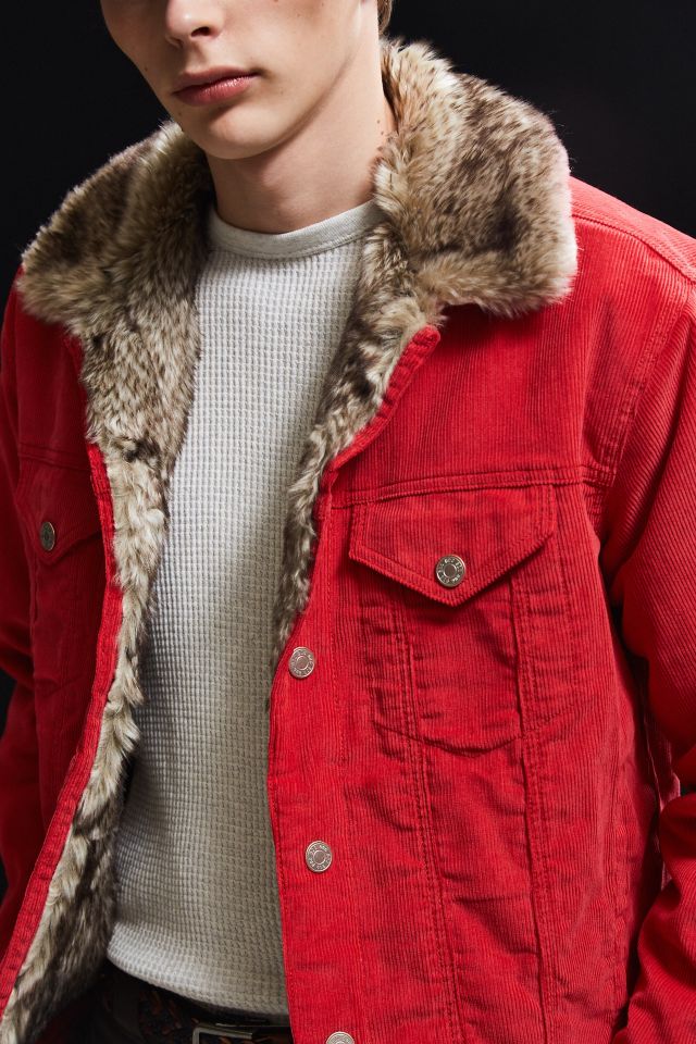 UO Relaxed Faux Fur-Lined Red Corduroy Trucker Jacket #1