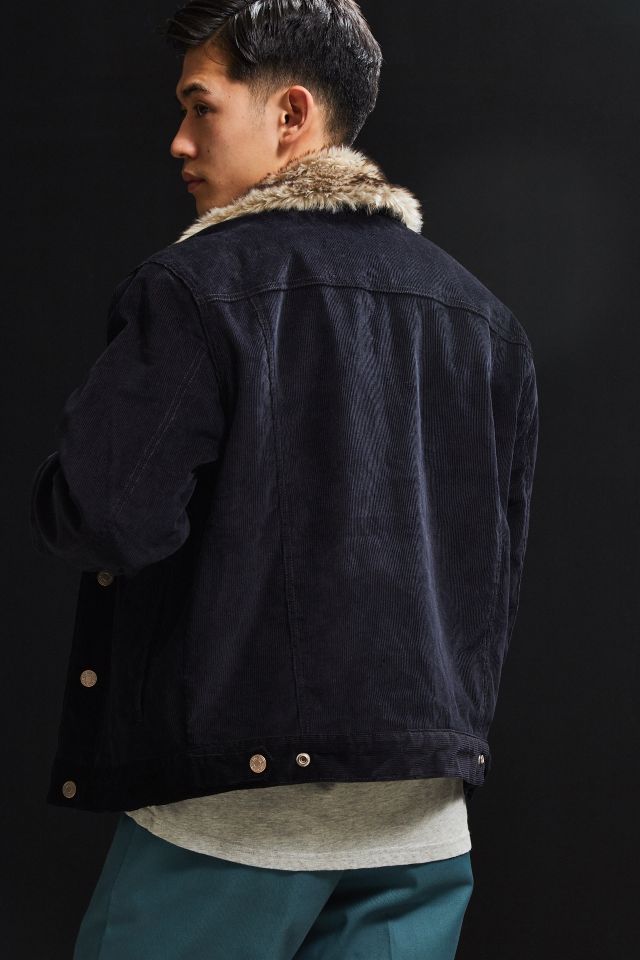 UO Relaxed Faux Fur-Lined Black Corduroy Trucker Jacket #3