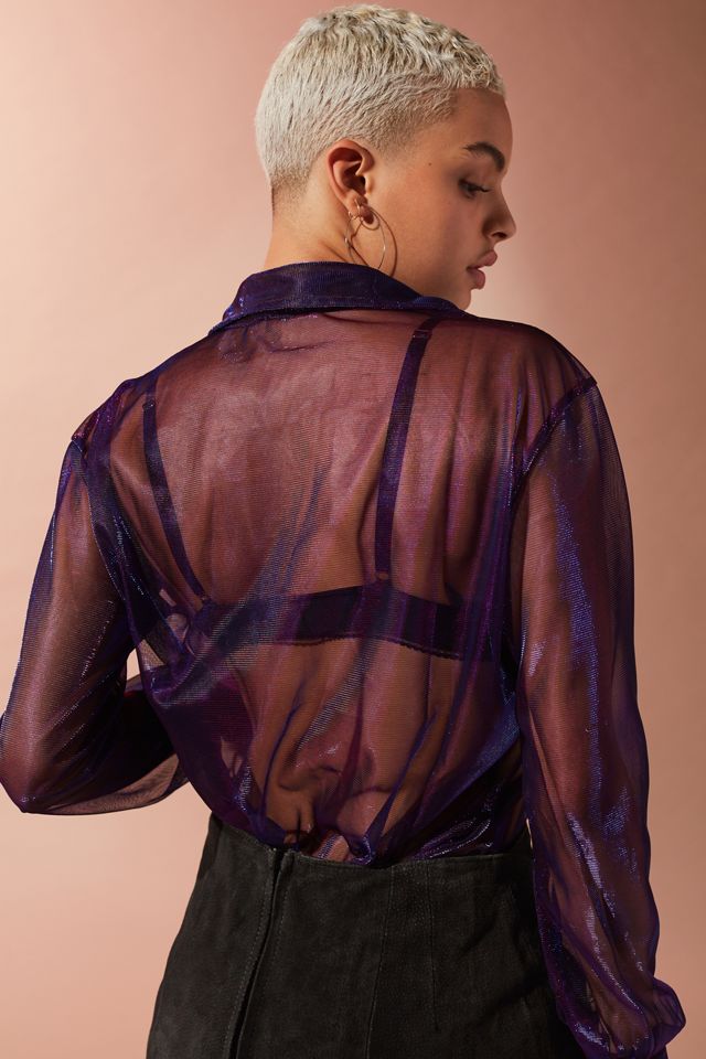 Motel Dree Cosmic Iridescent Mesh Button-Down Blouse #2