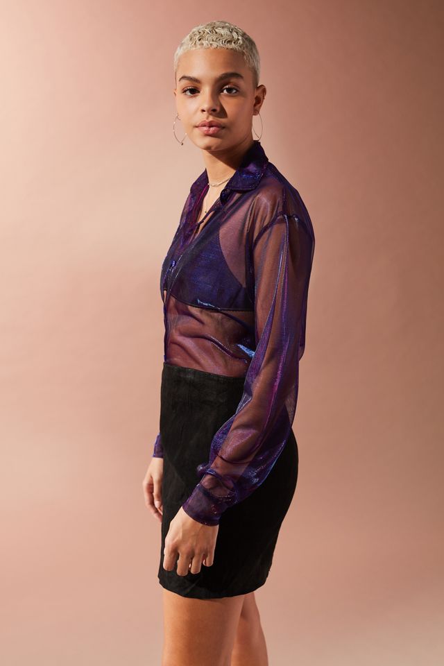Motel Dree Cosmic Iridescent Mesh Button-Down Blouse #3