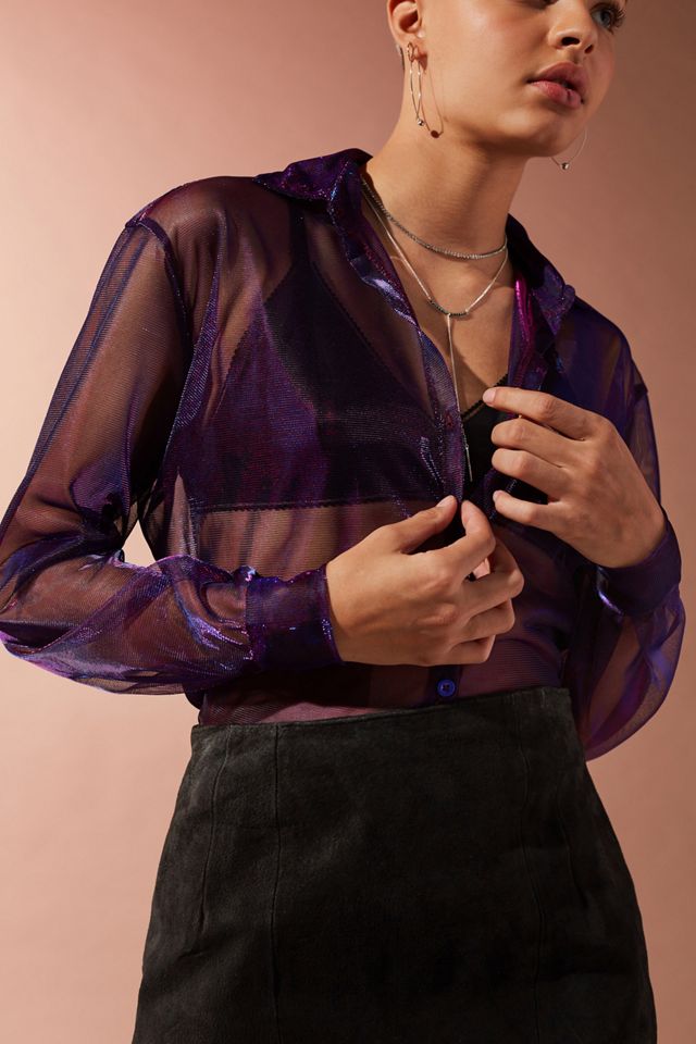 Motel Dree Cosmic Iridescent Mesh Button-Down Blouse #4