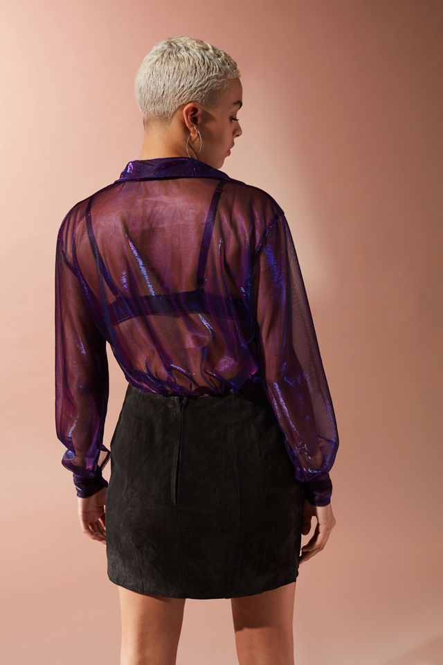Motel Dree Cosmic Iridescent Mesh Button-Down Blouse #5
