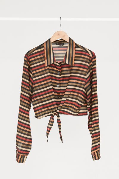 Vintage Neutral Multi Stripe Silky Tie-Front Top | Urban Outfitters