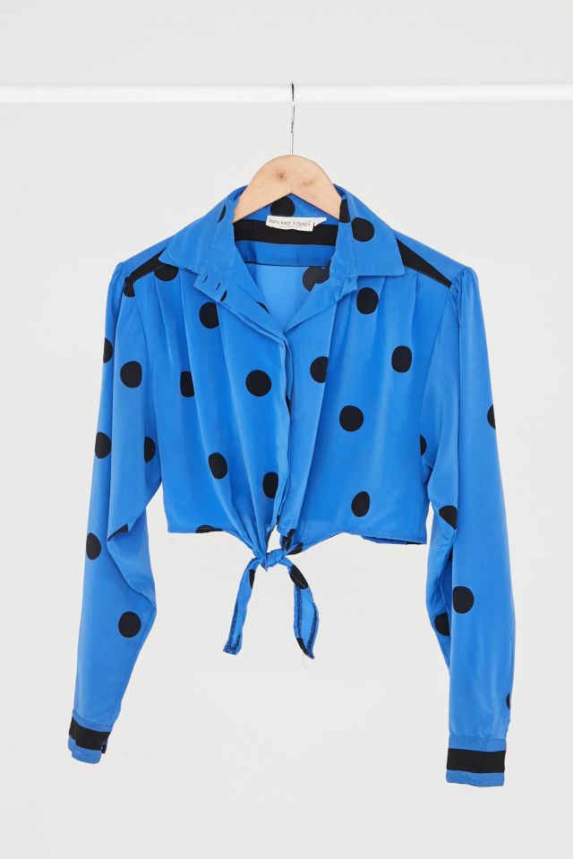 Vintage Blue + Black Polka Dot Silky Tie-Front Top