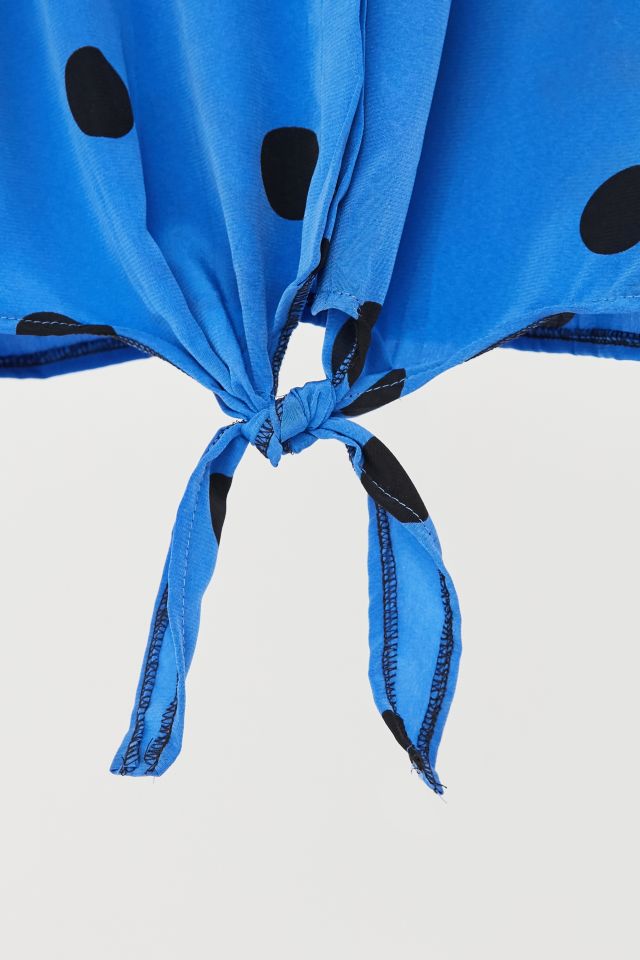 Vintage Blue + Black Polka Dot Silky Tie-Front Top #1
