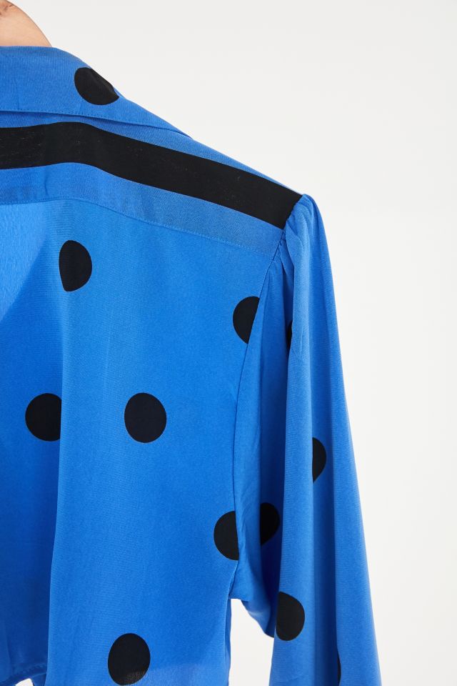 Vintage Blue + Black Polka Dot Silky Tie-Front Top #2