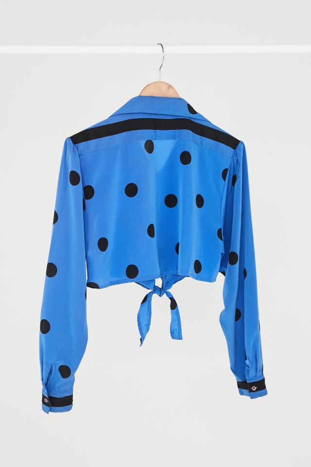 Vintage Blue + Black Polka Dot Silky Tie-Front Top #3