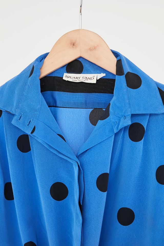 Vintage Blue + Black Polka Dot Silky Tie-Front Top #5