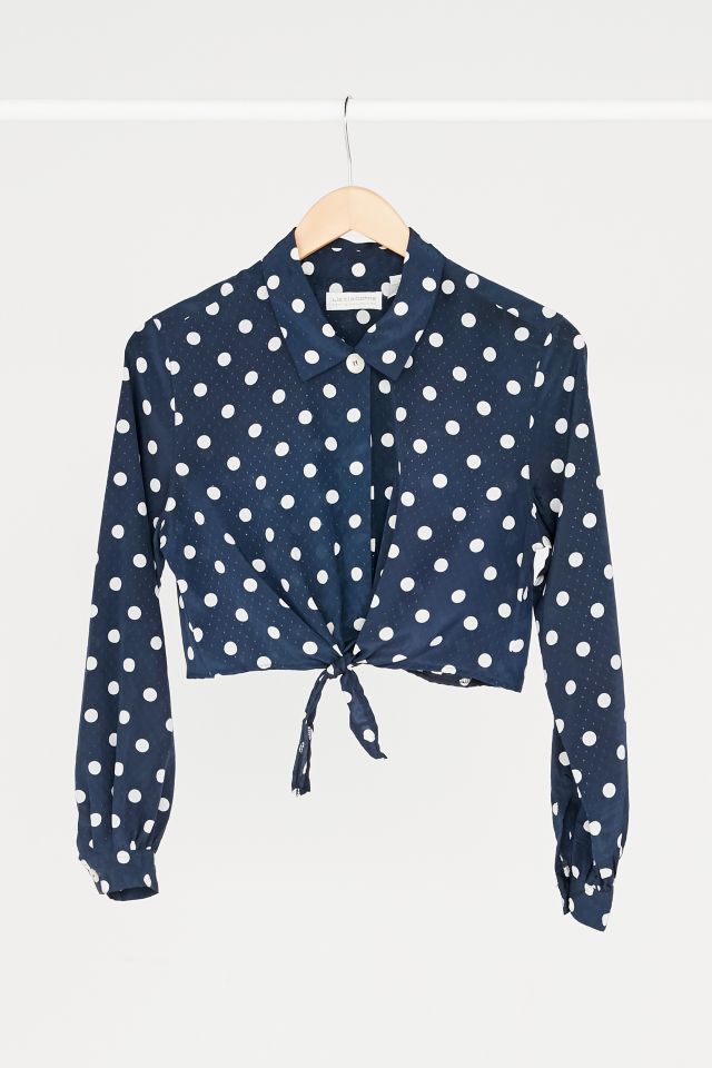 Vintage Navy Polka Dot Silky Tie-Front Top