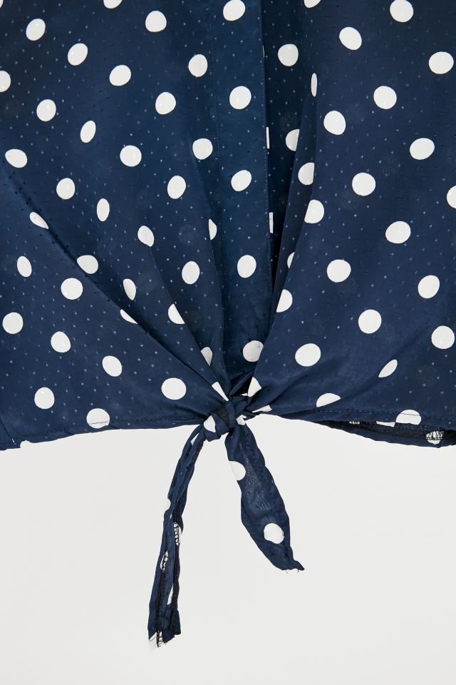 Vintage Navy Polka Dot Silky Tie-Front Top #1