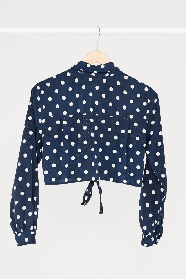 Vintage Navy Polka Dot Silky Tie-Front Top #3