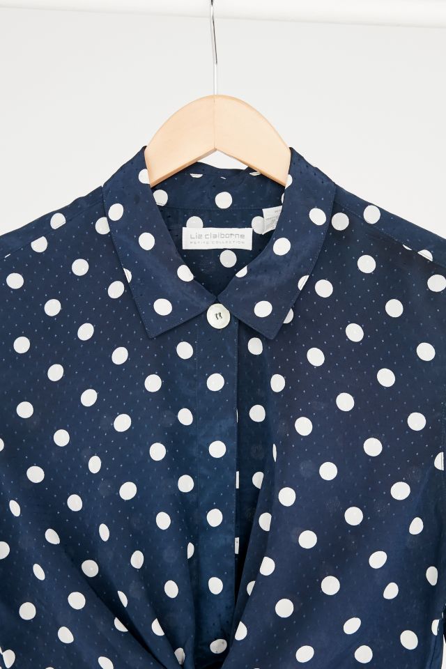 Vintage Navy Polka Dot Silky Tie-Front Top #4