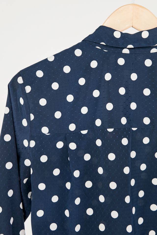 Vintage Navy Polka Dot Silky Tie-Front Top #5