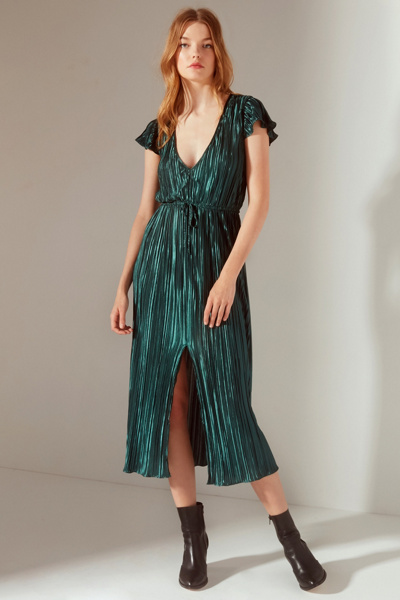 UO Miranda Metallic Pleated Green Midi Dress | Urban Outfitters