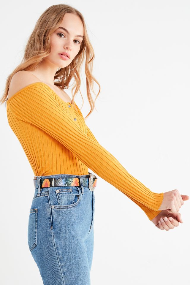 UO Brigitte Button-Down Off-The-Shoulder Sweater #5