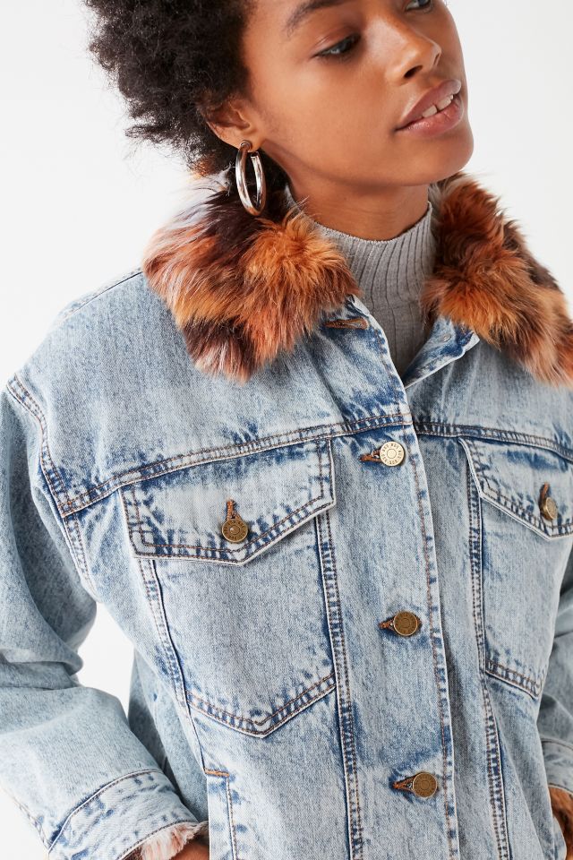 UO Faux Fur Lined Denim Trucker Jacket